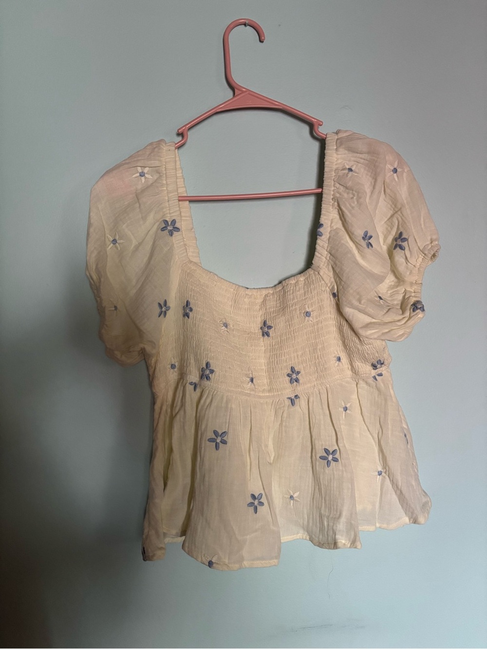Altar'd State Cream Puff-Sleeve Embroidered Square-Neck Top